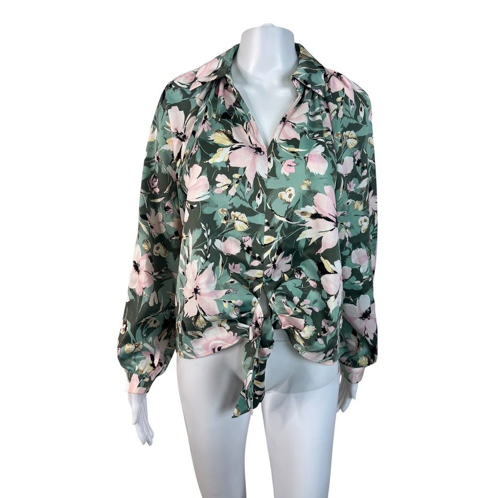 Anne Klein Womens Blouse Top Floral Satin Tie Front Cottegecore Classic Size S